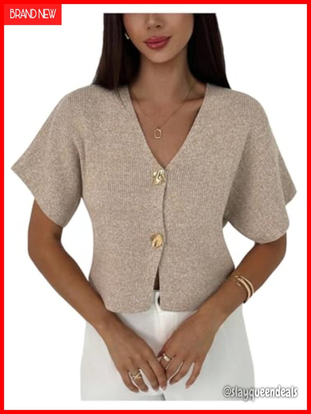 Women's Short Sleeve V Neck Cardigan Sweater Rib Knit Lightweight Button Front